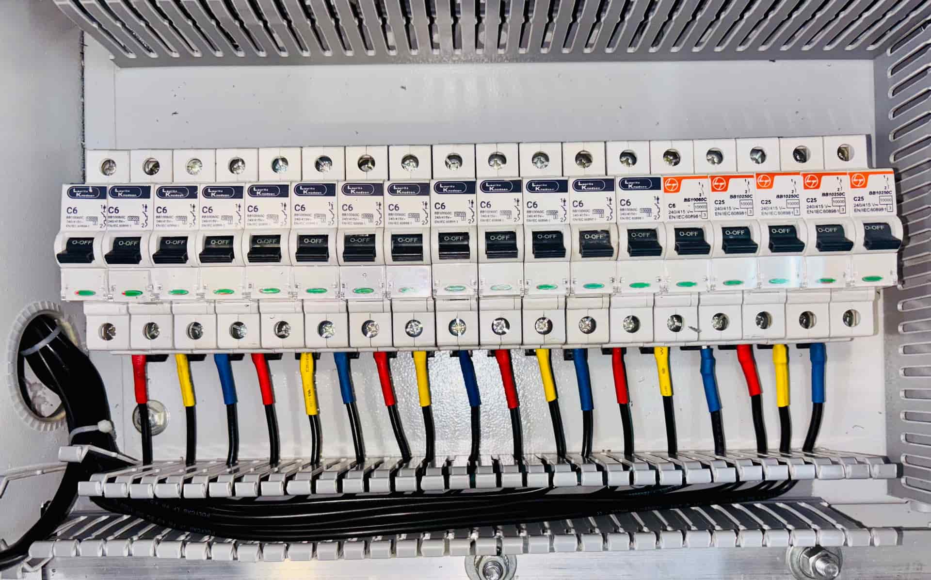 Electrical wiring and breakers in a distribution panel