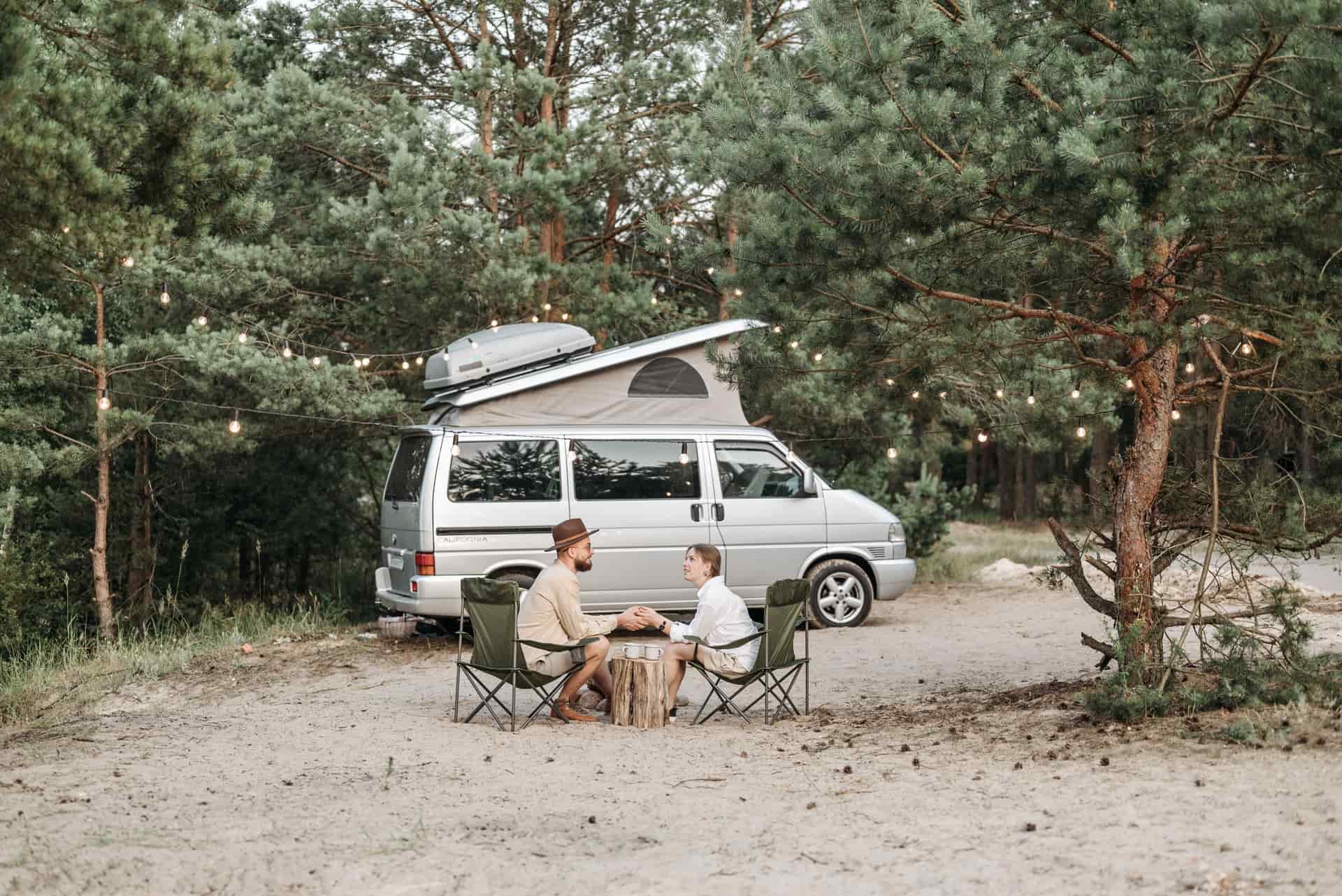 Setting up a camper trailer at a campsite