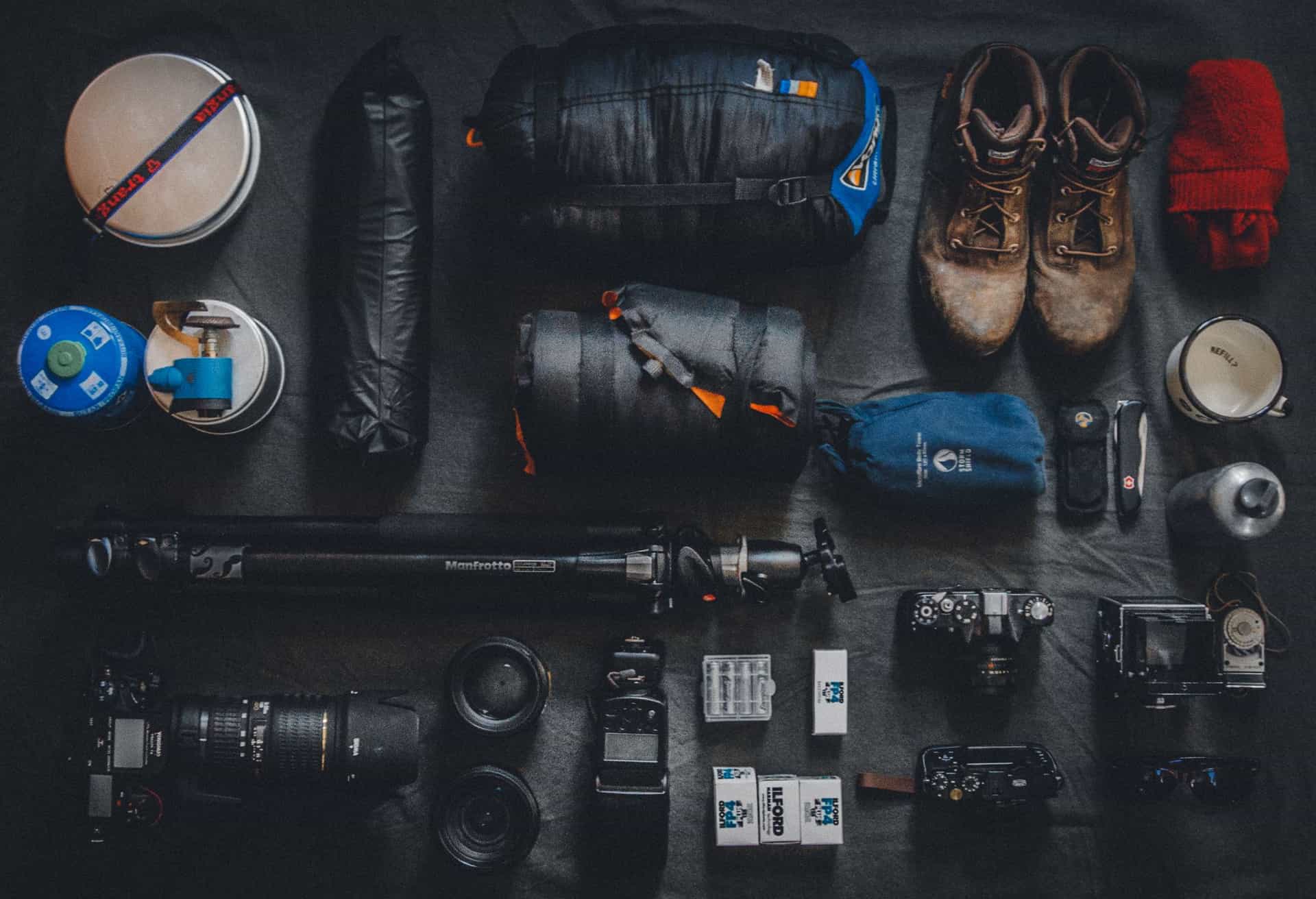 Assorted camping and hookup gear laid out on a table