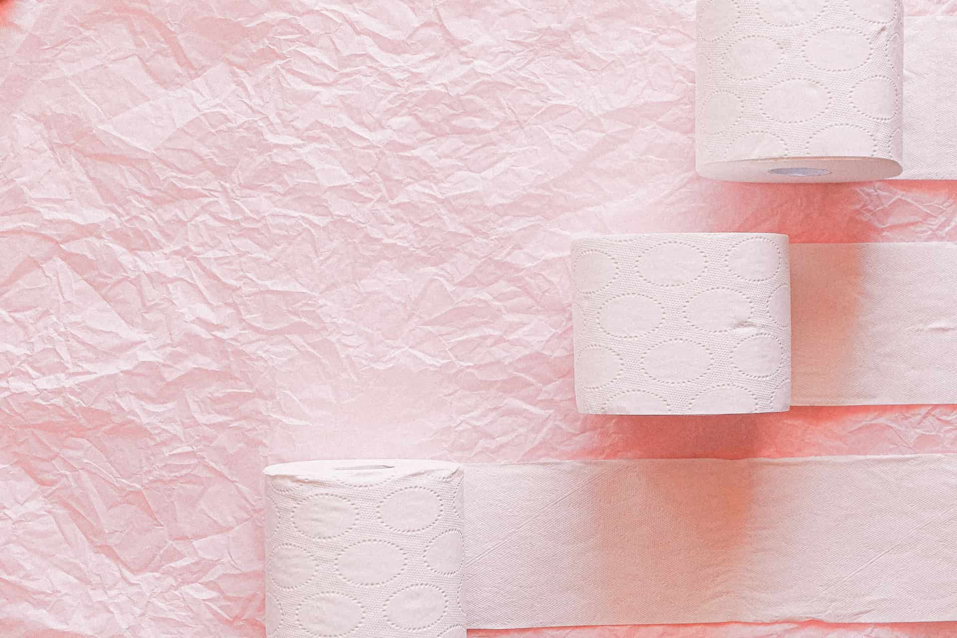 Rolls of toilet paper stacked on a bathroom shelf