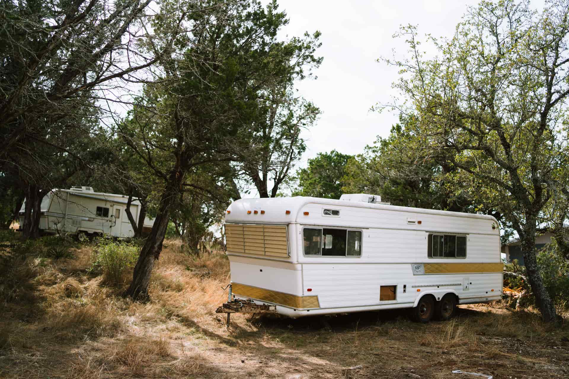 Travel trailers parked among trees at a wooded campsite in evening light